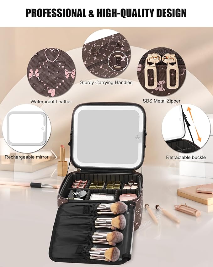 Relavel Travel Makeup Bag With LED Mirror, Brown Bowknot