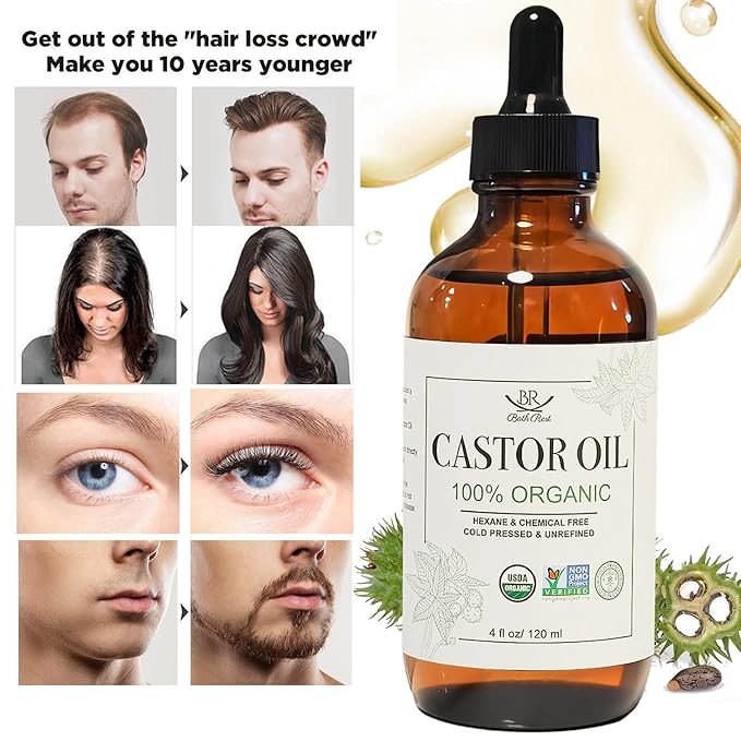 Bathrest Organic Castor Oil 100% Pure Natural Hair Oil for Hair Growth, Castor oil for Skin Lashes Nails Face Eyelash Eyebrows, Cold Pressed Hexane Free Unrefined USDA Certified 4OZ
