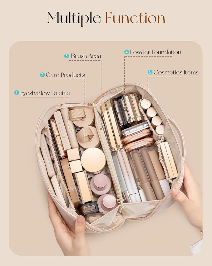 VLANDO Cosmetic Bag for Women with 180°Opening,Carry Handle,Apricot Pink
