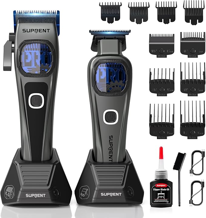 SUPRENT StormGray Professional Hair Clippers for Men - Cordless Barber Clippers & Zero-gapped Trimmer Set, Haircutting Kit with High Performance Motor, Blue Titanium-Coated Blades, Charging Stands