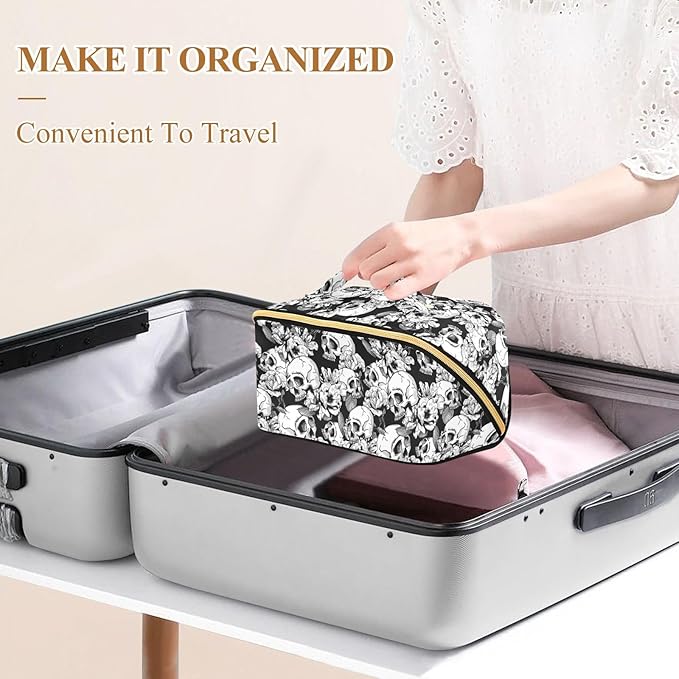 MNSRUU Makeup Organizer Bag, Skull and Flowers Travel Makeup Bags Makeup Vanity Case Large Capacity Rhombus Cosmetic Toiletry Bag for Girl Women Ladies