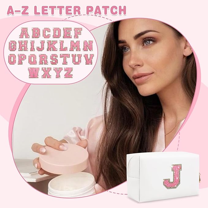 Small Initial Patch Makeup Bag Personalized Gifts Make Up Bag,White Cute PU Leather Glitter Letter Cosmetic Bag with Zipper,Trendy Portable Travel Toiletry Pouch,Preppy Stuff for Teen Girls Women J