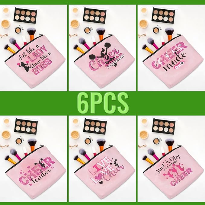 CQM Cheerleader Gifts, 6 Pcs Cheer Makeup Bag, Cosmetic Bag For Women Girls Sisters Teammates Travel Toiletry Bag, Graduation Birthday Gifts Cheer Team Gifts