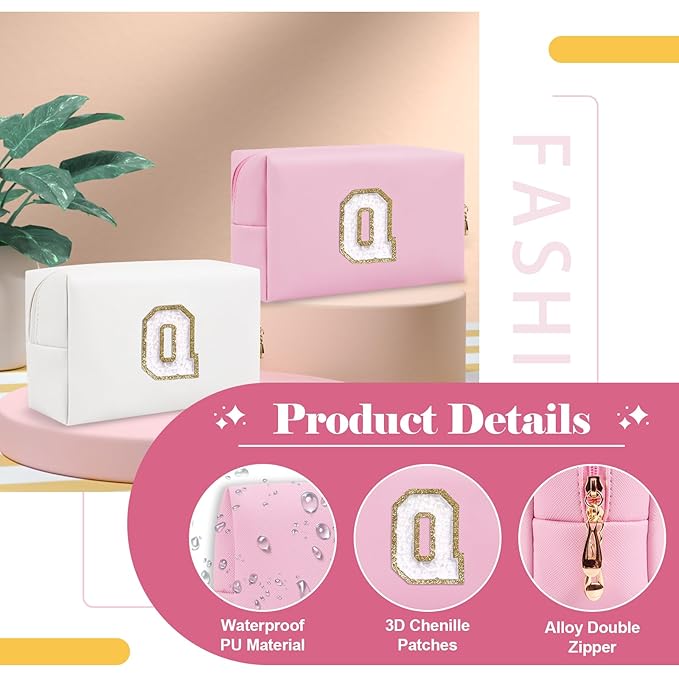Personalized Initial A-Z Preppy Patch Makeup Bag,Small PU Chenille Letter Cosmetic Bag with Zipper for Teen Girls,Pink Cute Toiletry Organizer Bag,Monogram Makeup Case Gift for Women Girls,Letter Q