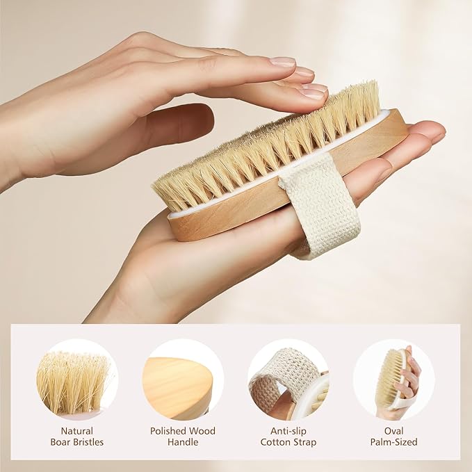 POPCHOSE Dry Brushing Body Brush, Natural Boar Bristle Exfoliating Brush