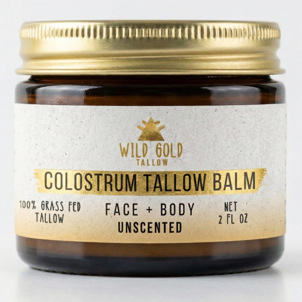 Wild Gold Tallow 100% Grass Fed Tallow Balm with Colostrum & Emu Oil - Handmade Whipped Beef Tallow for Face and Body, Sensitive Skin Tallow Moisturizer made with True First Colostrum, (Unscented)