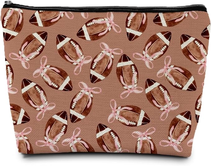 SAFDSGFDB Coquette Pink Bow Football Makeup Bag, Football Lovers Gifts Cosmetic Bags for Women, Sports Player Fan Gifts Portable Travel Toiletry Bag Zipper Makeup Pouch