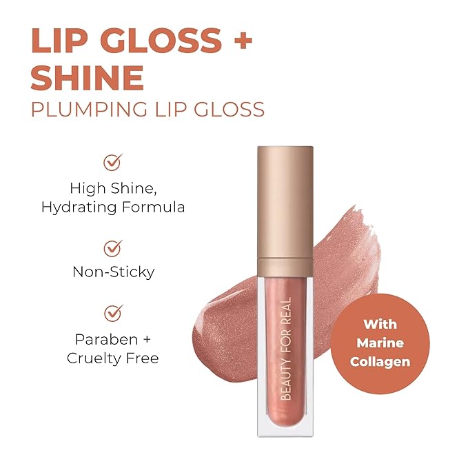 Beauty For Real Lip Gloss + Shine, Turned On - Neutral Rose - Non-Sticky Plumping & Hydrating Gloss - Light & Mirror In Cap - Contains Marine Collagen - 0.15 fl oz