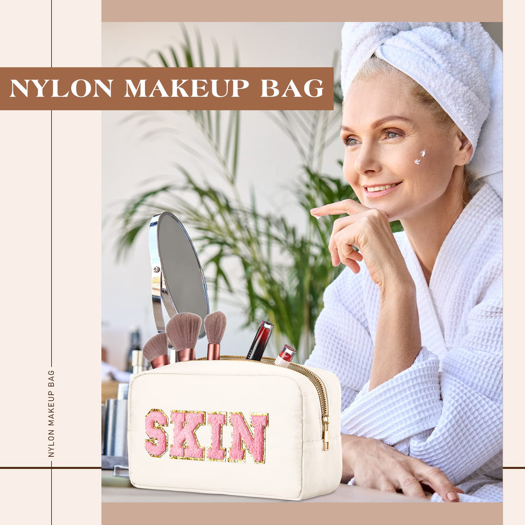 Cunno Preppy Makeup Bags Chenille Letter Stuff Bag Nylon Cosmetic Pouch Cases with Zipper for Women Travel Toiletry(Multi Colors,Classic,4 Pcs)