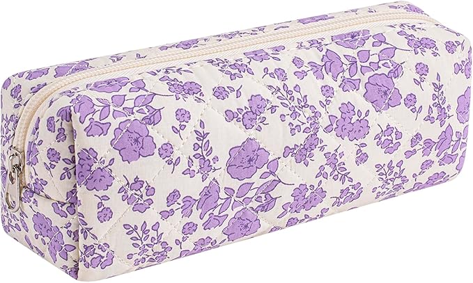 HHQQWZ Cute Floral Cotton Makeup Brush Cosmetic Bag for Women, Travel Quilted Zipper Make Up Bag, Flowers Toiletry Organizer Case Kawaii Makeup Cosmetic Travel Cloth Pouch (Big Purple Floral)