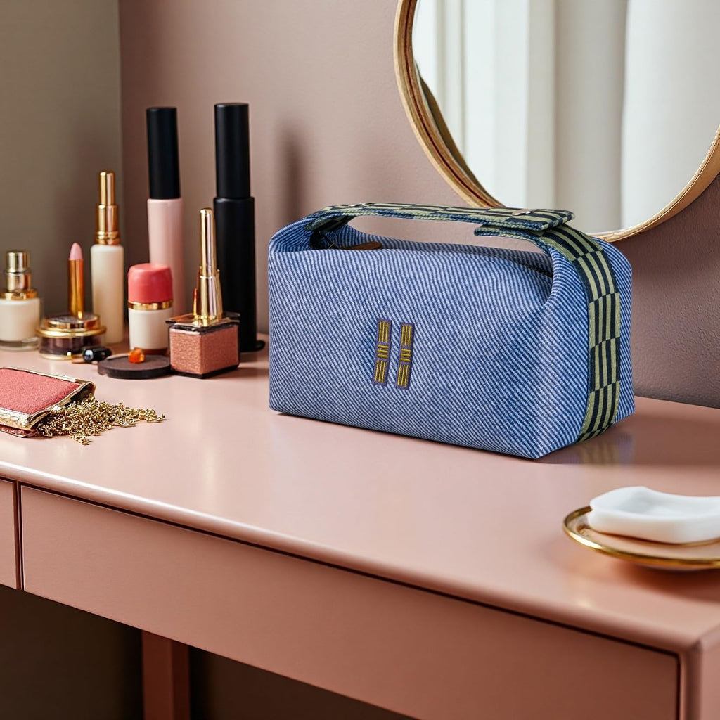 Sluxa NEW Makeup Bag - Her Inspired, Stylish, Lightweight, and Practical, Luxury Craft Travel Toiletry Bag for Daily Use & Travel Essentials, Easy Carry & Neat Storage (Blue)