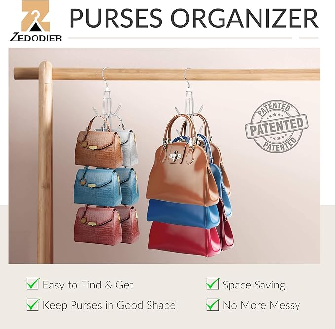 ZEDODIER 2 Pack Purse Organizer for Closet, Heavy-Duty Hanging Purse Hanger Closet Holds Up to 12 Purses, Metal Rotating Space Saving Bag Holder Handbag Storage Hook Backpack Rack, Silver