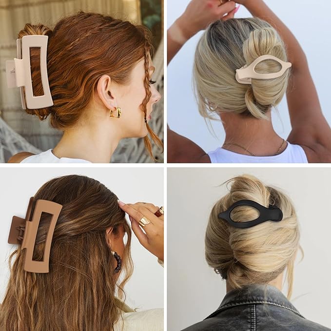 CHANDAT Hair Clips for Women 4.3 Inch Large Hair Claw Clips 8 pcs Square Claw Clips & Flat Hair Clips for Thick or Thin Hair French Concord Hair Barrettes Alligator Hair Accessories for Women (Brown)