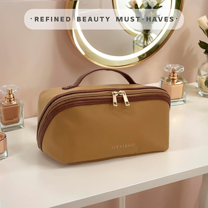 JINYIBAGS Travel Makeup Bag – Large Cosmetic Organizer with Waterproof Nylon, Smooth Double Zipper & Tear-Resistant Lining, Toiletry Pouch for Women (Khaki)