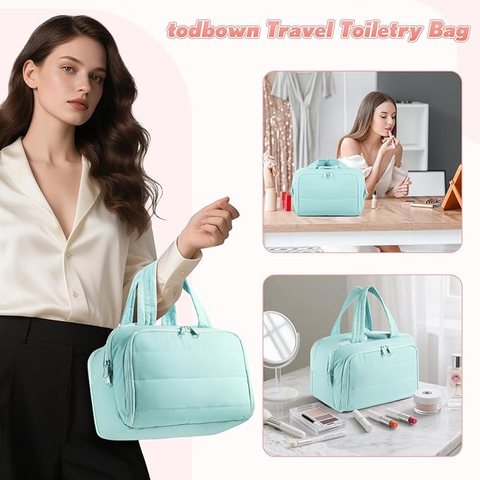 todbown Travel Toiletry Bag:  Large Capacity, 4 Compartments, Wet/Dry Separation, Ultra-Soft Lightweight Fabric & Anti-Spill Design for Travel,Gym,Gift(11.8" L) (Sea Salt Blue)