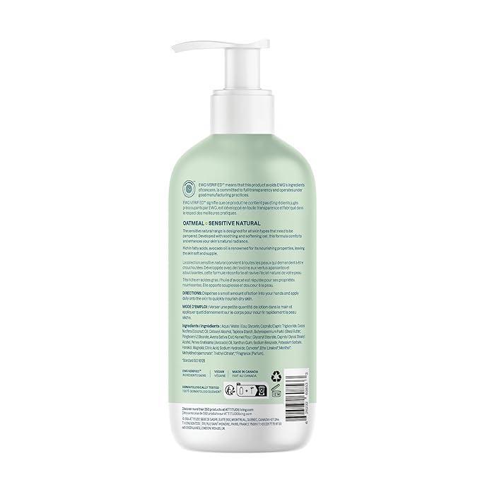 ATTITUDE Sensitive Skin Body Lotion, Soothing Oat Formula, Hydrating Care for Dry Skin, EWG Verified, Dermatologically Tested, Vegan, Fresh Apple Scent, 16 Fl Oz