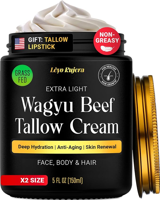 Non-Greasy Beef Tallow for Skin & Beef Tallow Lip Balm 5OZ Shea Butter, Vitamin E, Whipped Grass Fed Beef Tallow for Face Moisturizer Cream, Lotion for Women & Men, Anti-Aging Face Moisturizer