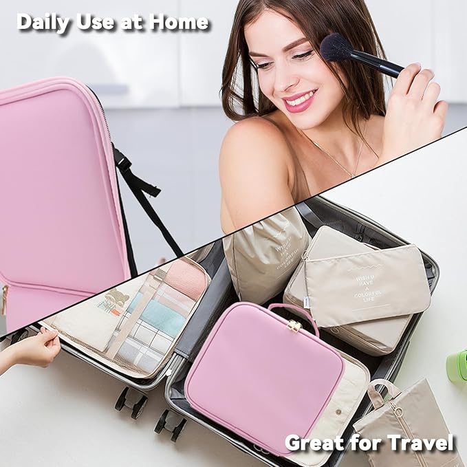SLUMAZI Travel Makeup Bag with LED Mirror and 10x magnifying glass with 3 Lighted Settings, Adjustable Dividers and Makeup Brush Storage Bag Light Pink