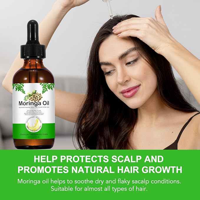 2Pack Moringa Oil 2.02 fl.oz, Pure Natural Organic Cold-Pressed Glass Bottle for Hair Growth, Face, Skin & Body Care, Anti-Aging, Nourish Hair, Scalp & Body Massage