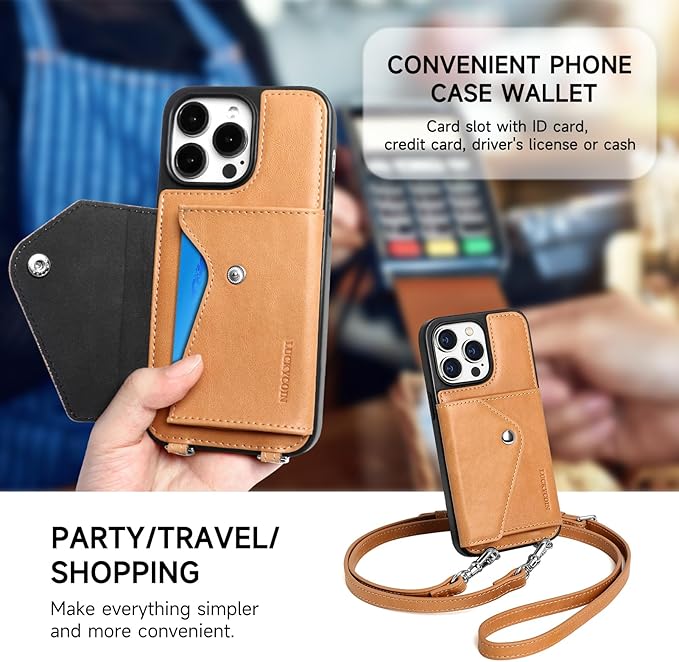 LUCKYCOIN Crossbody Phone Case for iPhone 14 Pro Max, 100% Genuine Leather Phone Wallet Case for Women, Premium Hands-Free Phone Purse with Expandable Flip Card Holder & Adjustable Strap - Retro Tan