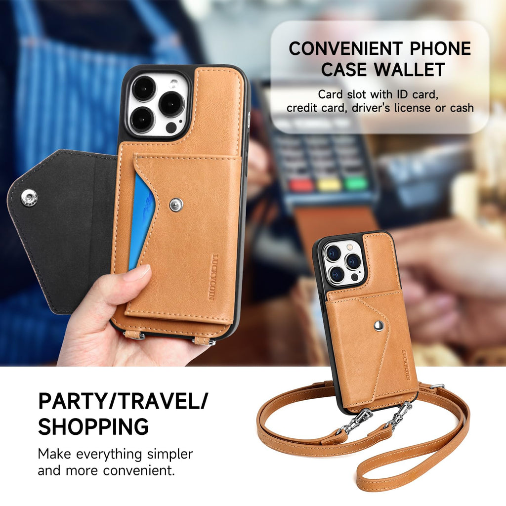 LUCKYCOIN Crossbody Phone Case for iPhone 14 Pro Max, 100% Genuine Leather Phone Wallet Case for Women, Premium Hands-Free Phone Purse with Expandable Flip Card Holder & Adjustable Strap - Retro Tan