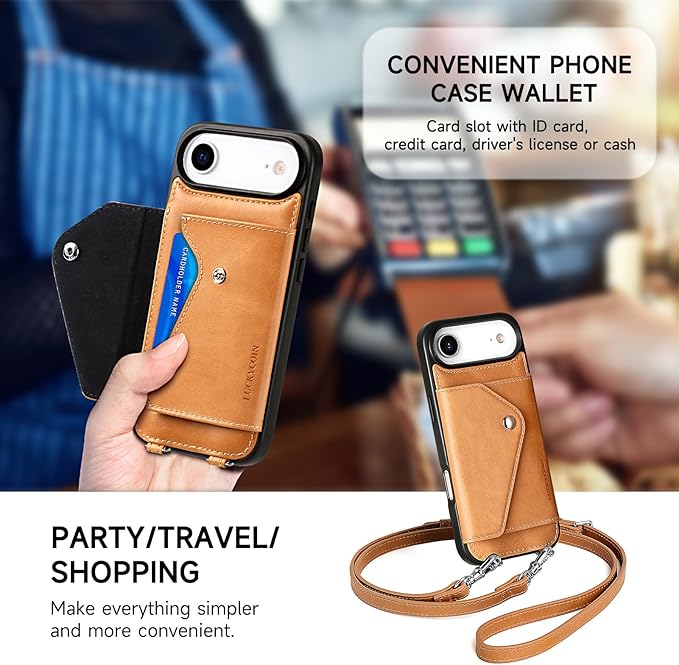 LUCKYCOIN Crossbody Phone Case for iPhone Air,100% Genuine Leather Phone Wallet Case for Women,Fashion Premium Hands-Free Phone Purse with Expandable Flip Card Holder & Adjustable Strap - Retro Tan