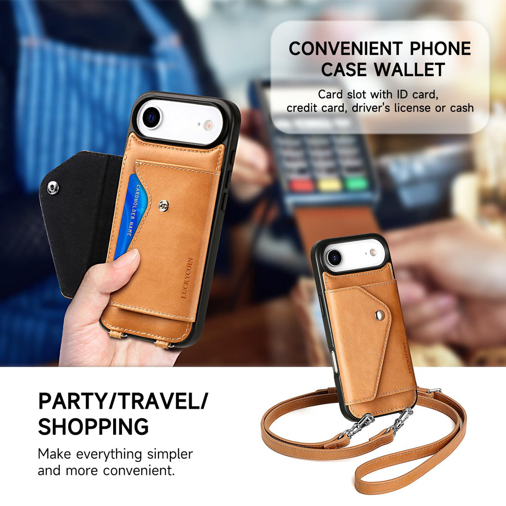 LUCKYCOIN Crossbody Phone Case for iPhone Air,100% Genuine Leather Phone Wallet Case for Women,Fashion Premium Hands-Free Phone Purse with Expandable Flip Card Holder & Adjustable Strap - Retro Tan