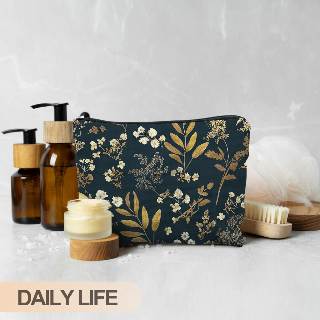RYYCDOI Vintage Boho Floral Makeup Bag, Dark Moody Wildflowers Floral Cosmetic Bags for Women, Dark Cottagecore Botanical Plant Zipper Makeup Pouch
