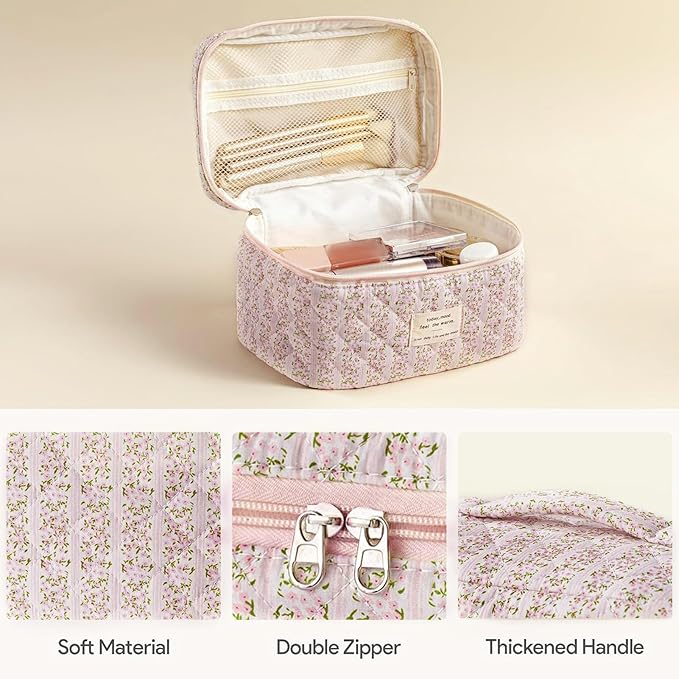 HBselect Quilted Makeup Bag, 3Pcs Cotton Large Travel Makeup Bags Organizer