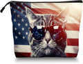 Scribesense Cosmetic Bags Travel Makeup Toilet Case Waterproof Pouch for Women Girls 6.7X9.45inches - Cat Wearing Sunglasses With Flag Reflections in The Lenses