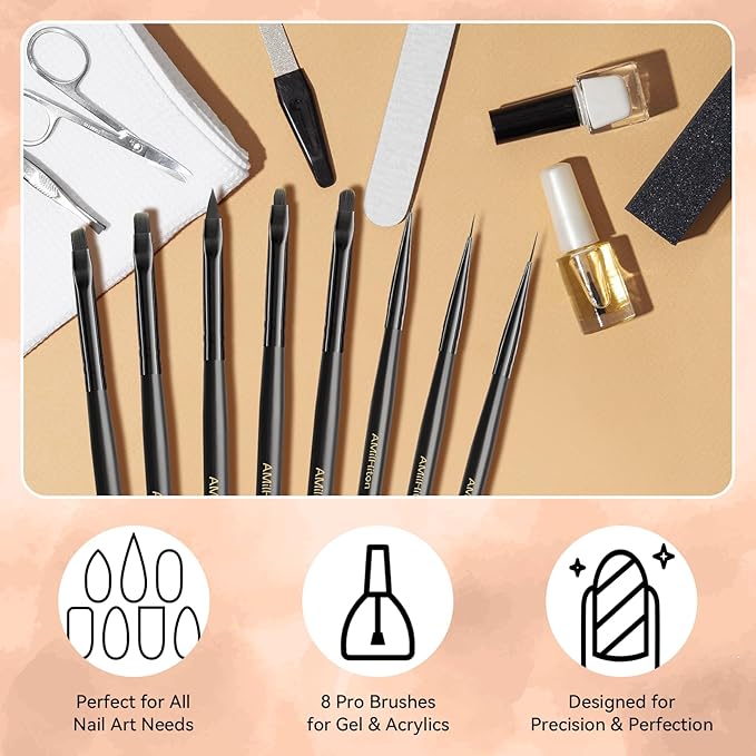 AMilliHiton 8PCS Nail Art Brush Set for Gel Polish & French Tips, Black Wood