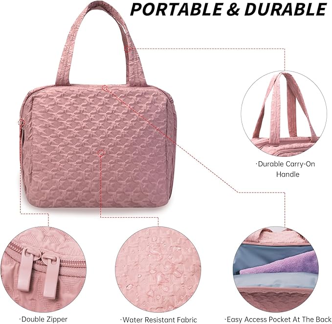 SUNRISING Travel Toiletry Bag, Lightweight Large Wide-open Travel Bag for Women, Puffy Cosmetic Makeup Bag Organizer with Handle for Accessories Essentials Toiletries - Pink