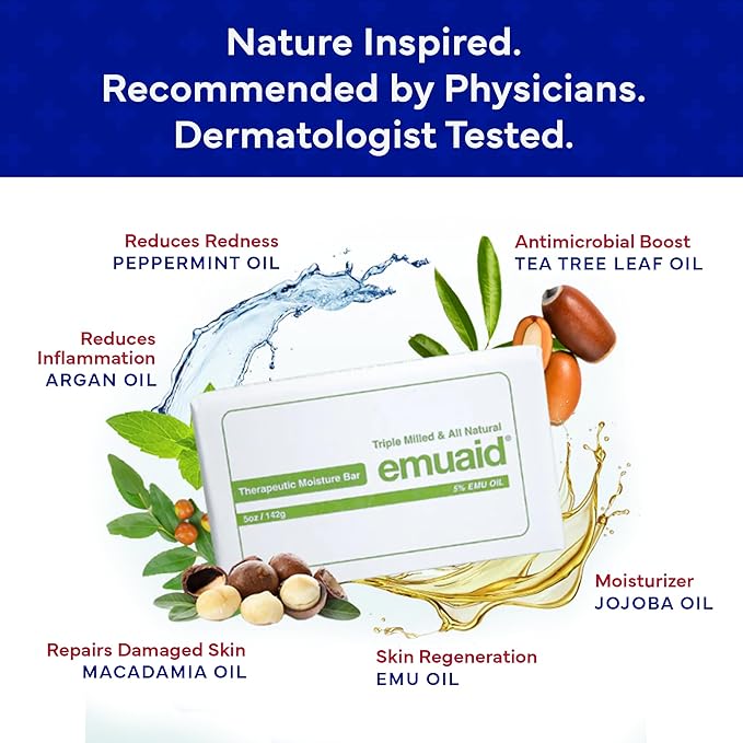 emuaid Therapeutic Moisture Bar, Medicated Face and Body Cleansing Bar, 5oz