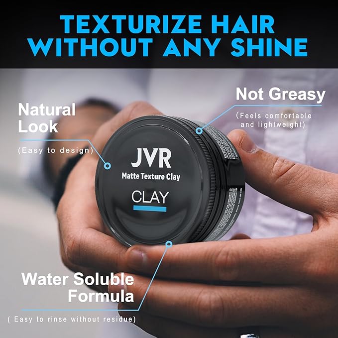 JVR Hair Clay for Men and Women, Medium Hold Matte Finish Hair Clay, Texturizing Clay Hair Product Men with Natural and Organic Ingredients, Easy To Wash Out, For All Hairstyles Cream (2.86 oz)