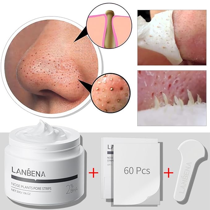 LANBENA Nose Pore Strips Blackhead Remover, 1.06 Oz/30g+60pcs Strips