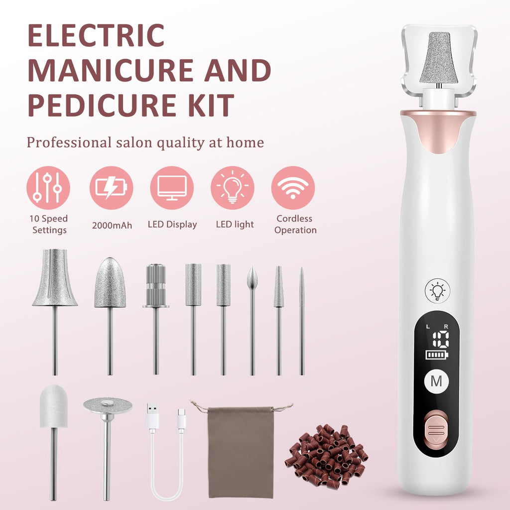 ZABOUL Electric Nail Drill Kit, Professional Manicure Pedicure Rechargeable & Cordless Nail File Buffer for Acrylic Nails Gel Polishing Removing Manicure Salon Home