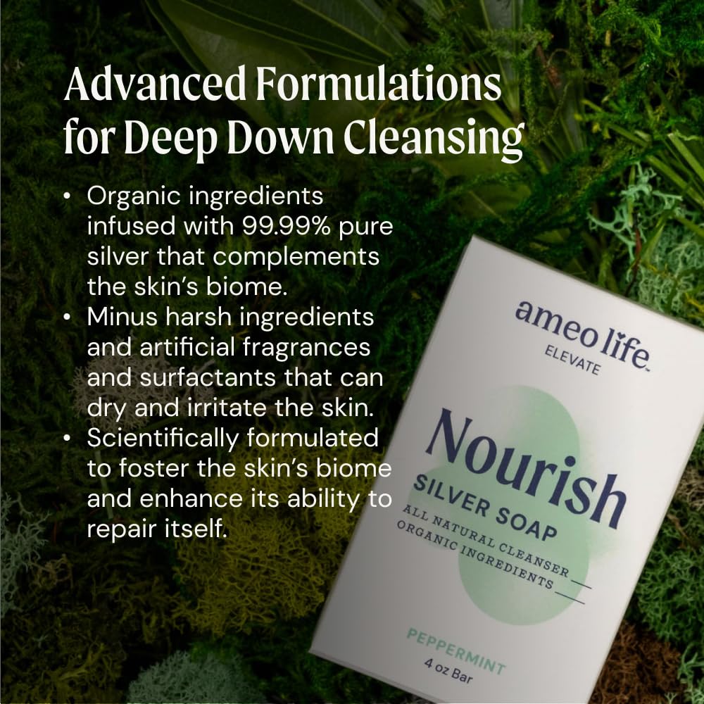 Ameo Life Peppermint Silver Soap with 30 ppm Silver - Naturally Cleanses the Skin, 4 oz Colloidal Silver Soap Bar for Women and Men