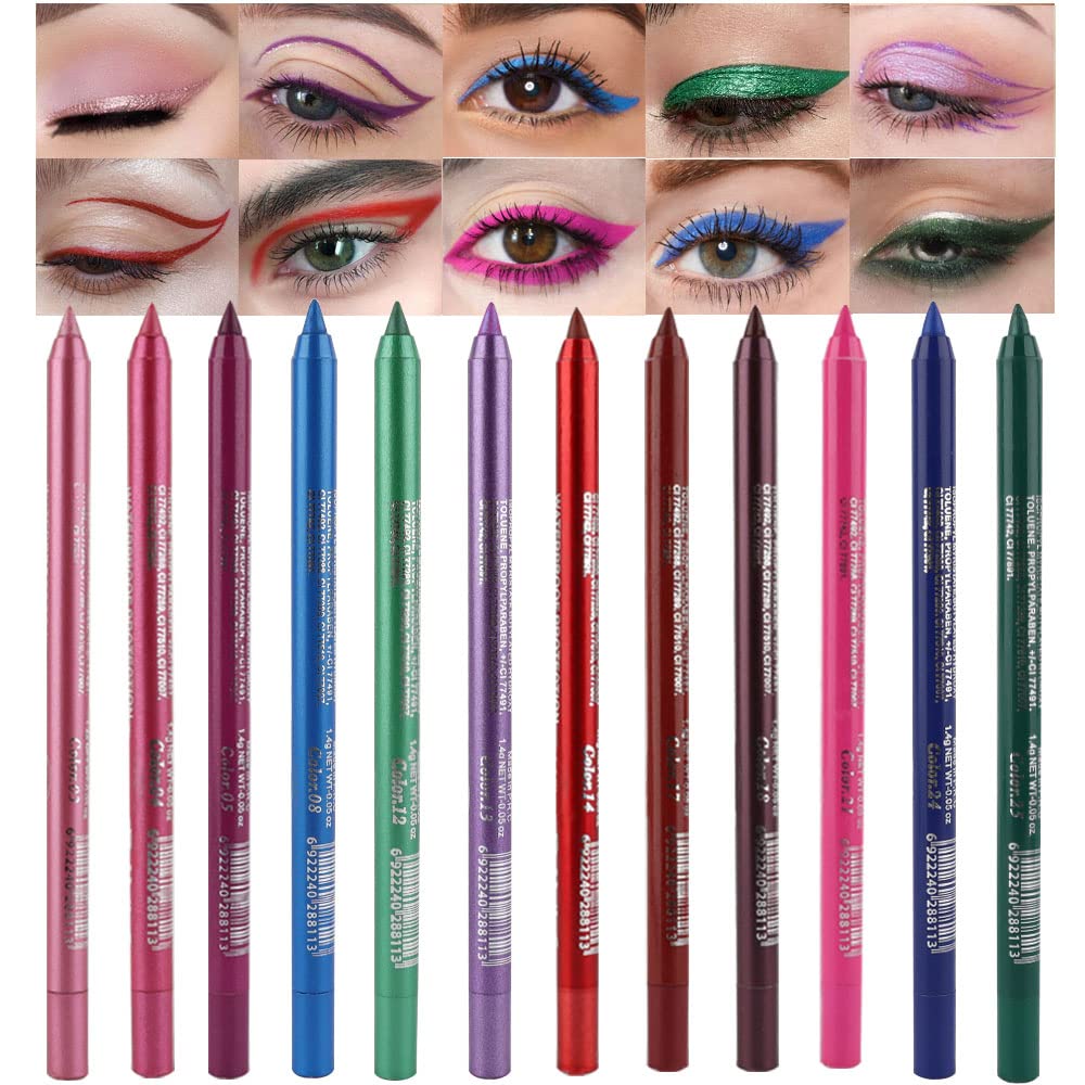 evpct 12Pcs Green Blue White Black Brown Purple Color Gel Glitter Eyeliner Pencils Set for Women Waterline Waterproof Smudge Proof lapiz de ojos delineador de ojos contra el agua Eye Liner Makeup 1