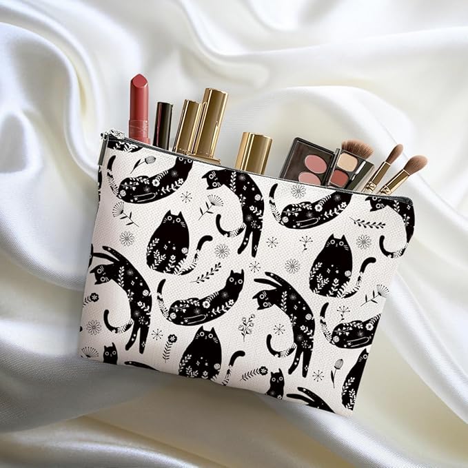 DHKG Botanical Cat Makeup Bag Cat Gifts Cosmetic Bag Cat Lover Gifts for Women Girls Friends Wife Cat Themed Gifts Cat Stuff Travel Organizer Zipper Pouch Graduation Birthday Friendship Gifts