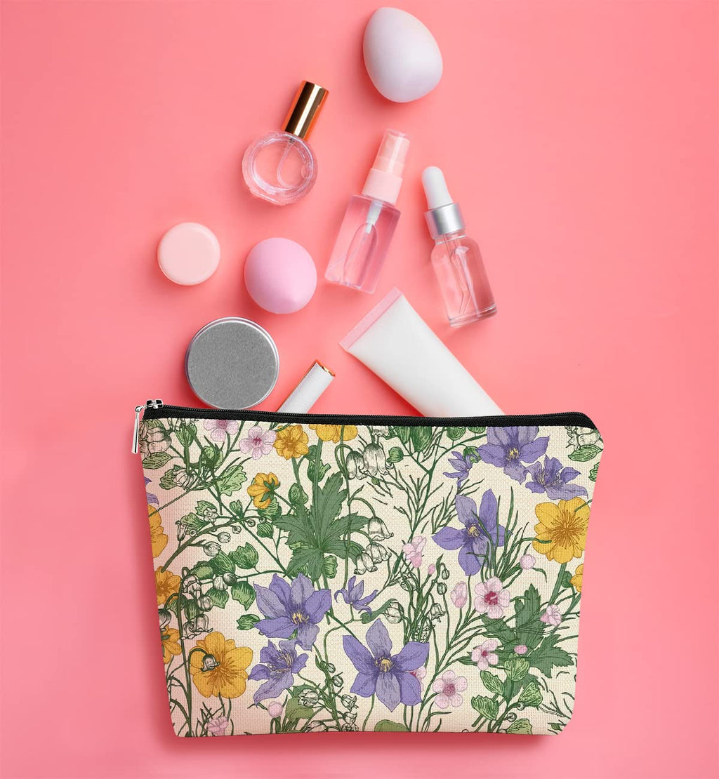 Vintage Cottagecore Summer Wild Flowers Botanical Herbs Makeup Bag,Colorful Floral Cosmetic Bag Best Gift Idea for Flower Lovers Girls Women Mom,Birthday Gifts for Girls,Mother's Day Gifts for Mom
