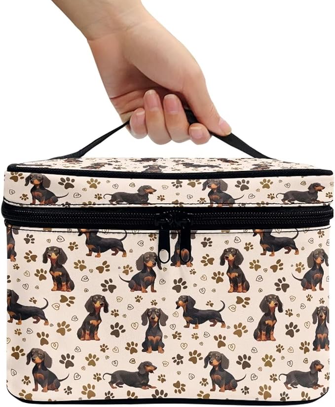Drydeepin Dachshund Dog & Paws Print Travel Makeup Bags for Women Portable Tote Cosmetic Case with Carry Handle Toiletry Accessories Storage Organizer Bags, Beige