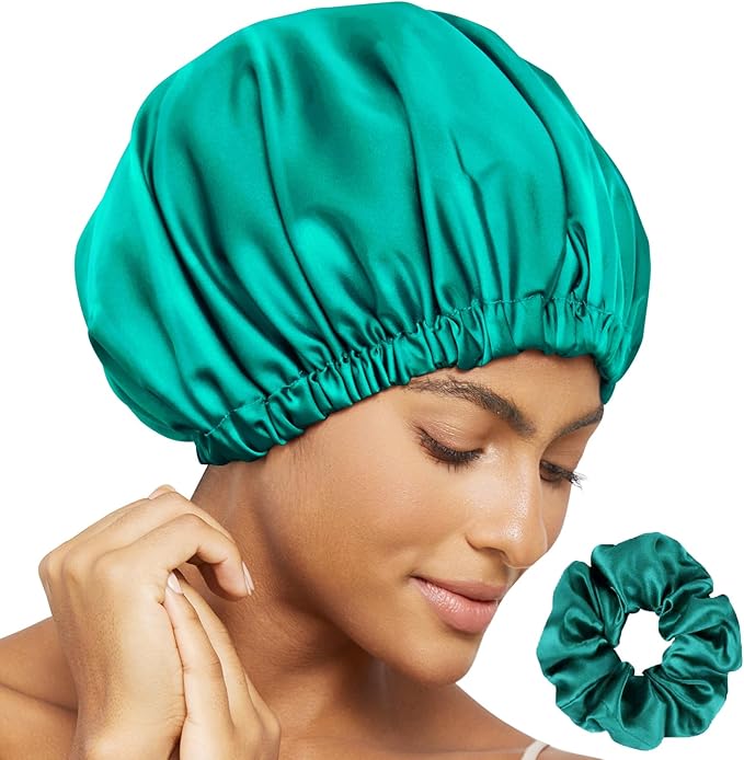 Satin Bonnet Silk Bonnet for Sleeping Women Double Layer Hair Bonnet Wrap Sleep Cap Gifts for Women Curly Hair Green