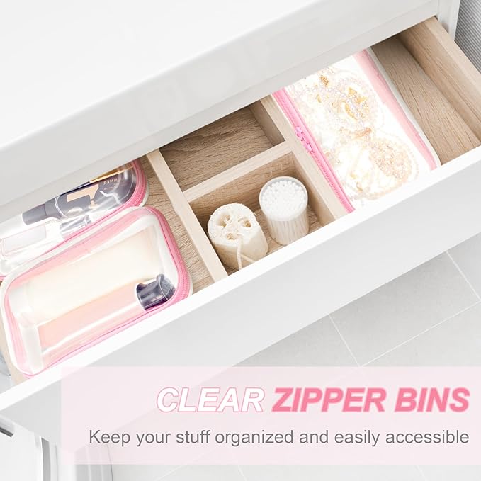 Hoolerry 3 Pcs Clear Hard Zipper Case Hard Plastic Zipper Pouch Makeup Bag Portable Travel Organizer for Cosmetics, Office Supplies, Documents & Toiletries(Pink,S)