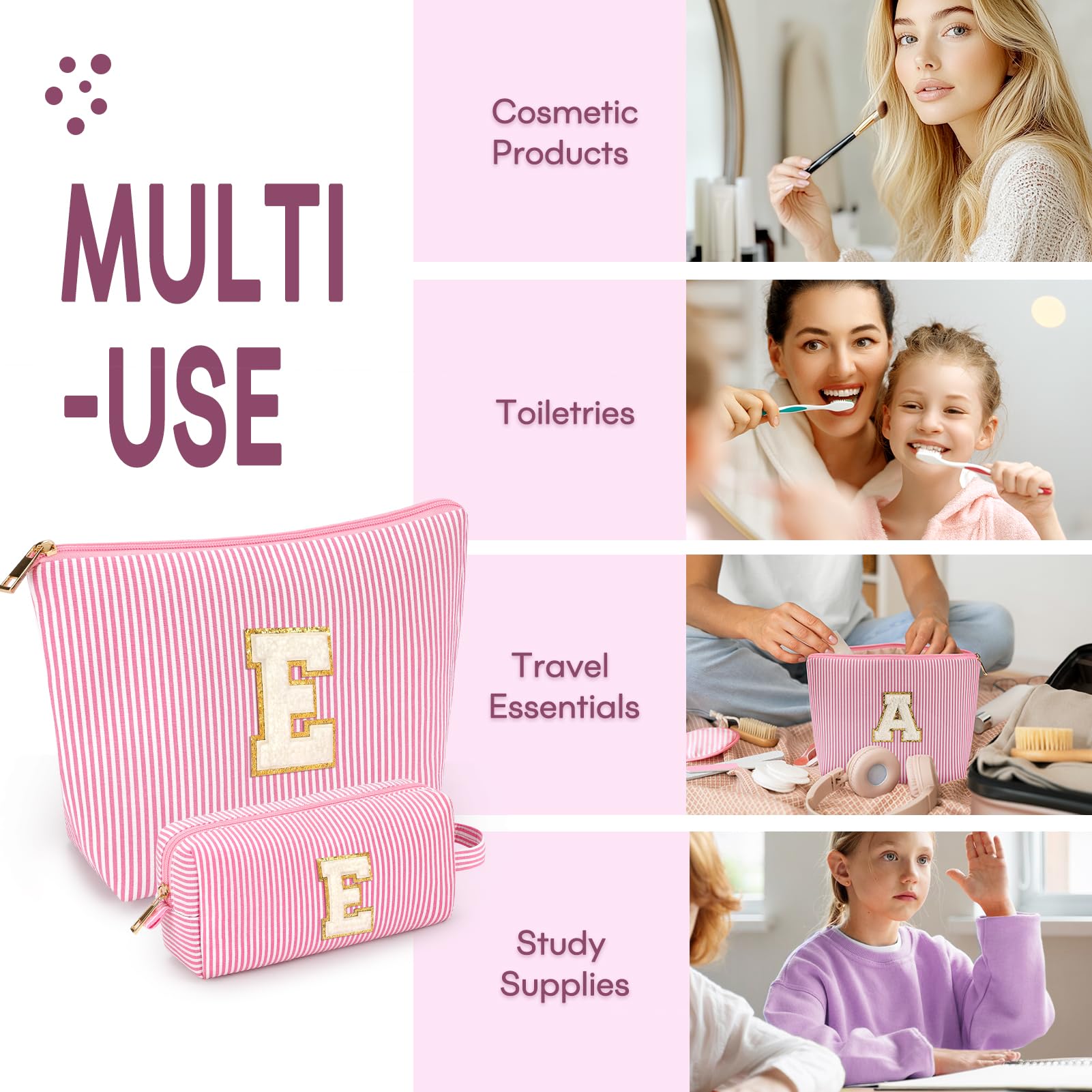 mibasies 2 PCS Initial Makeup Bags for Women: Cosmetic Bag for Travel Toiletry - Personalized Cute Makeup Pouch - Gifts for Grilfriend Wife Moms Bridesmaid - Retirement Travel Gifts - Pink E
