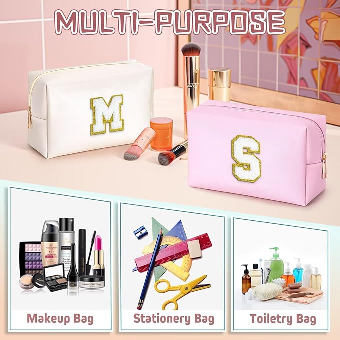 TOPEAST Preppy Makeup Bag, Cute Makeup Pouch PU Leather Waterproof Cosmetic Bag, Personalized Birthday Gifts for Mom Teacher Friends Bridesmaids Nurse, Trendy Stuff for Girls (White I)