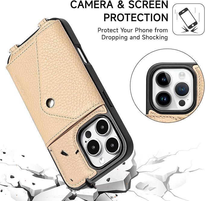 LUCKYCOIN Crossbody Phone Case for iPhone 16 Pro,100% Genuine Leather Phone Wallet Case for Women, Premium Hands-Free Phone Purse with Expandable Flip Card Holder & Adjustable Strap - Pebble Beige