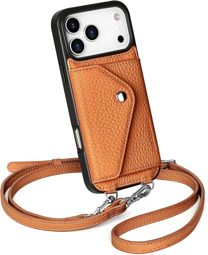 LUCKYCOIN Crossbody Phone Case for iPhone 17 Pro Max,100% Genuine Leather Phone Wallet Case for Women, Premium Hands-Free Phone Purse with Expandable Flip Card Holder & Adjustable Strap - Pebble Brown