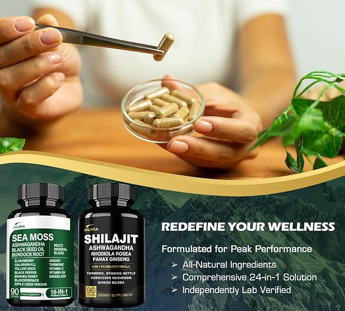 DLNIA Sea Moss & Shilajit Bundle – 270 Capsules | 90-Day Supply | Irish Sea Moss, 75% Fulvic Acid Himalayan Shilajit, Black Seed Oil, KSM-66® Ashwagandha, Tongkat Ali, & Multi-Mineral Daily Wellness