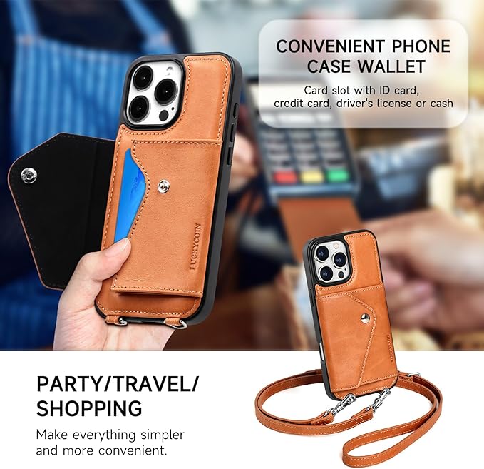 LUCKYCOIN Crossbody Phone Case for iPhone 16 Pro Max, 100% Genuine Leather Phone Wallet Case for Women, Premium Hands-Free Phone Purse with Expandable Flip Card Holder & Adjustable Strap - Retro Brown
