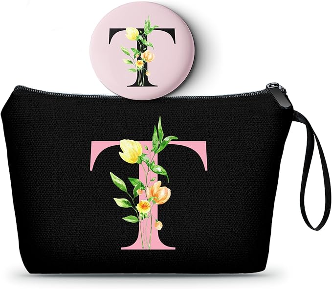 A-Z Bridesmaid gifts for Women, Small Initial Makeup Bag with Mirror, T